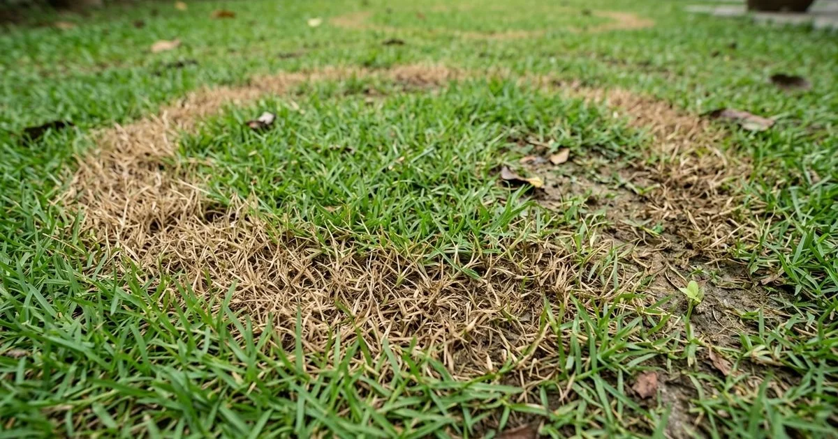 A circular brown patch disease ring on a humid tropical lawn