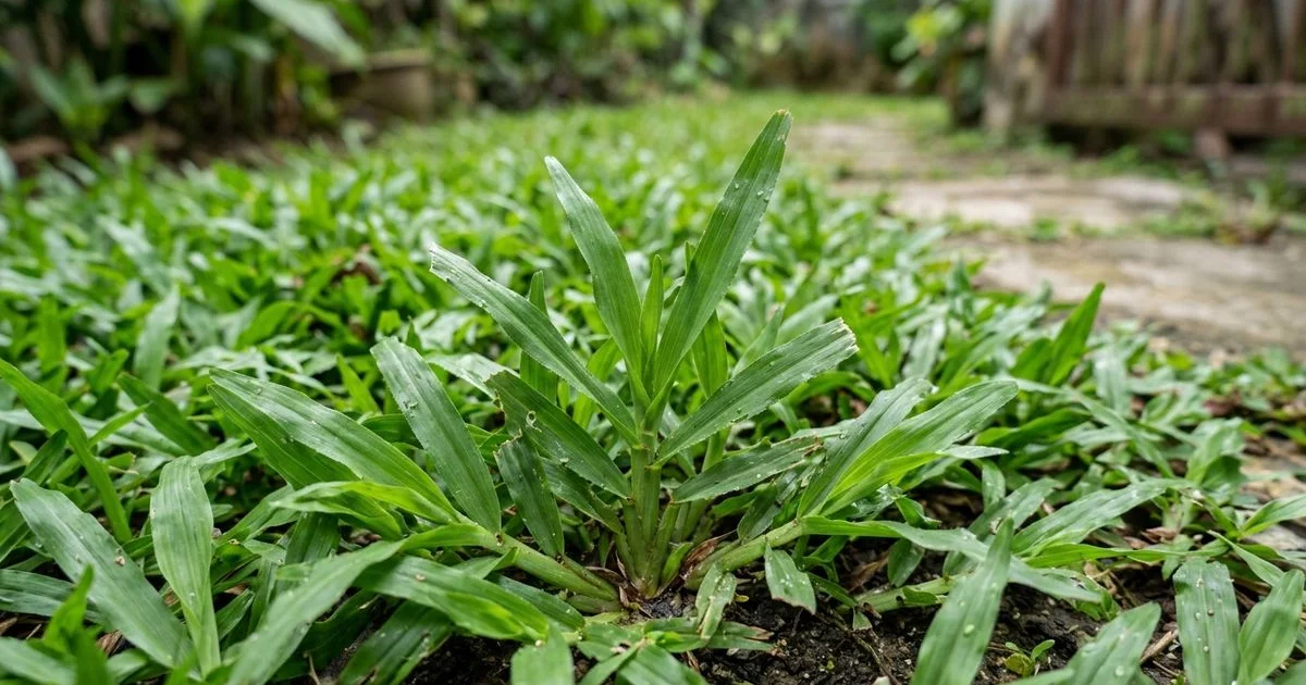 Close-up of healthy green cow grass blades on a Malaysian lawn
