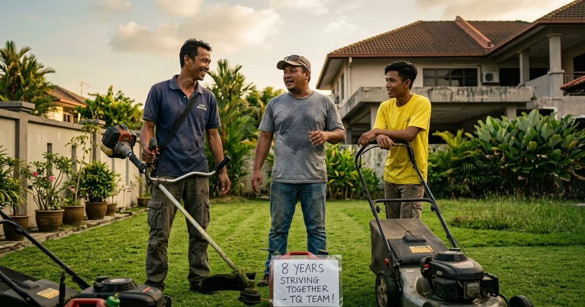 The LawnMowing.my crew marking eight years of service on a manicured Damansara lawn
