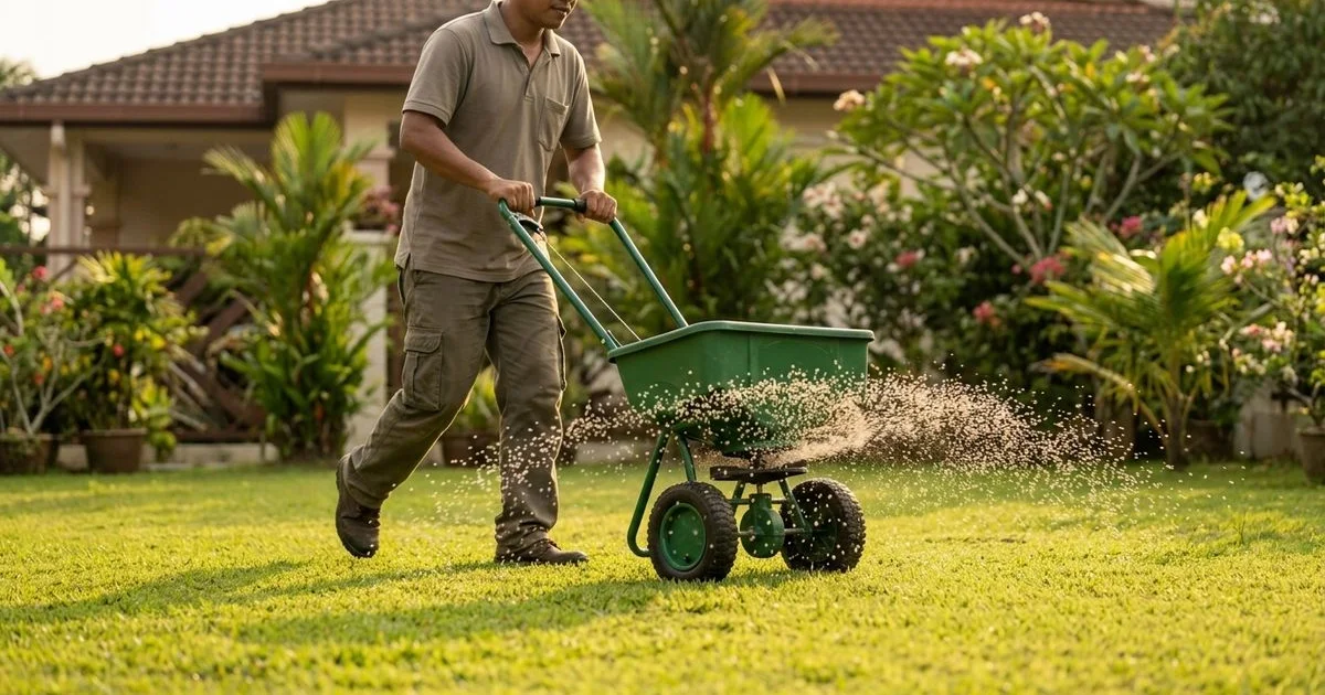 Worker feeding a green Malaysian lawn with a broadcast spreader in soft afternoon light