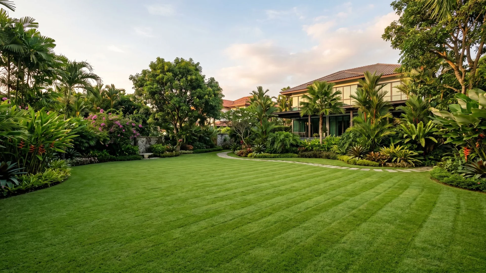 Professional lawn mowing in Petaling Jaya - manicured green lawn with mowing stripes